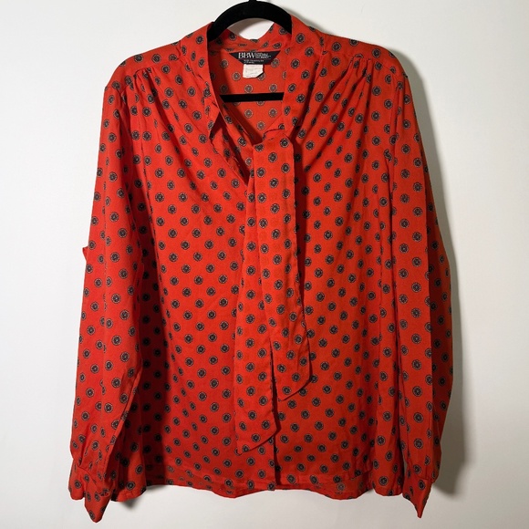 Vintage BBW JCPenney - Red Geo Pattern Blouse Long Sleeve Bow Tie - Size XL - Picture 1 of 6